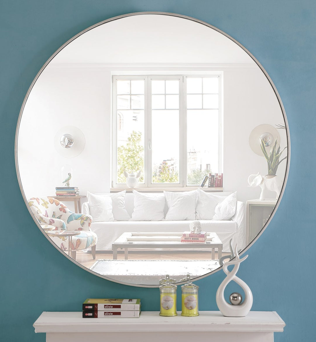 Metal Frame Round Mirror 48 Inch Silver Finish