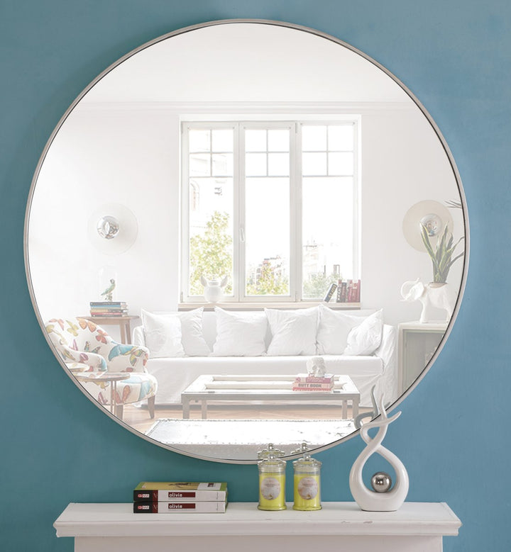 Metal Frame Round Mirror 48 Inch Silver Finish