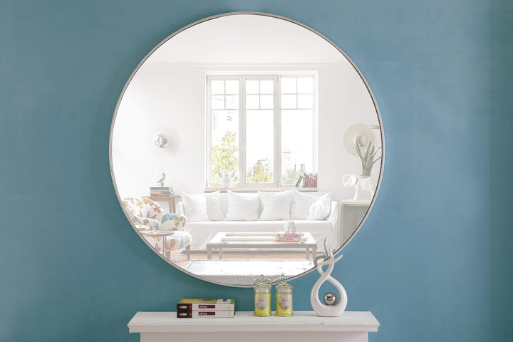 Metal Frame Round Mirror 48 Inch Silver Finish