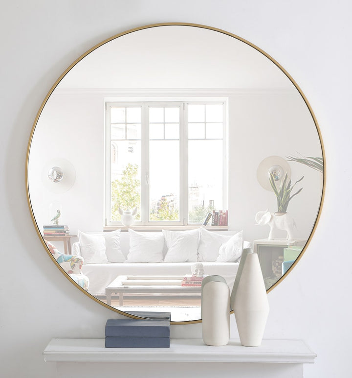 Metal Frame Round Mirror 48 Inch Brass Finish