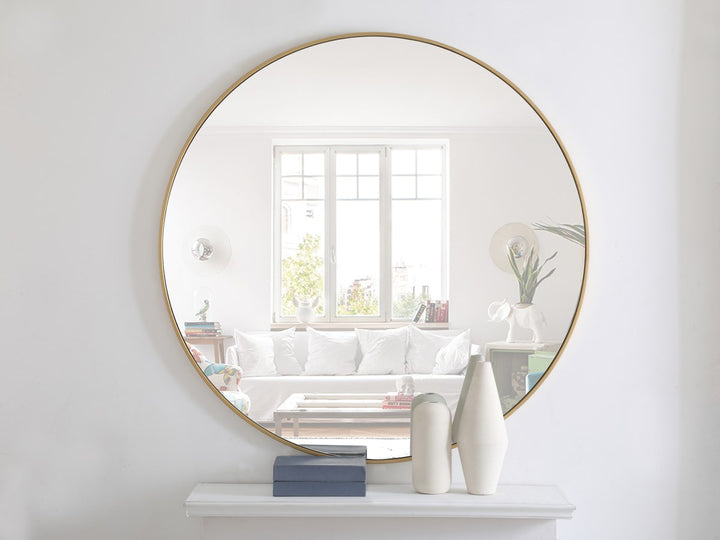 Metal Frame Round Mirror 48 Inch Brass Finish