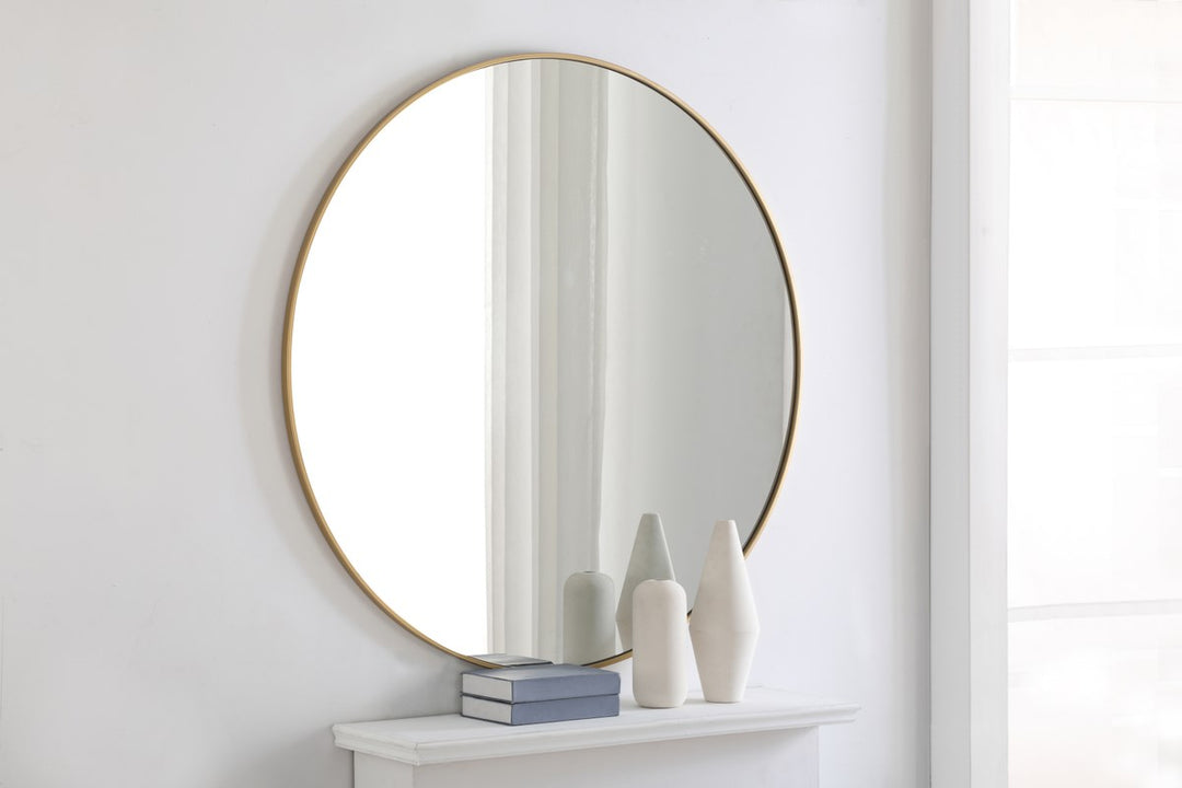 Metal Frame Round Mirror 48 Inch Brass Finish