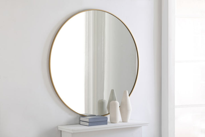 Metal Frame Round Mirror 48 Inch Brass Finish