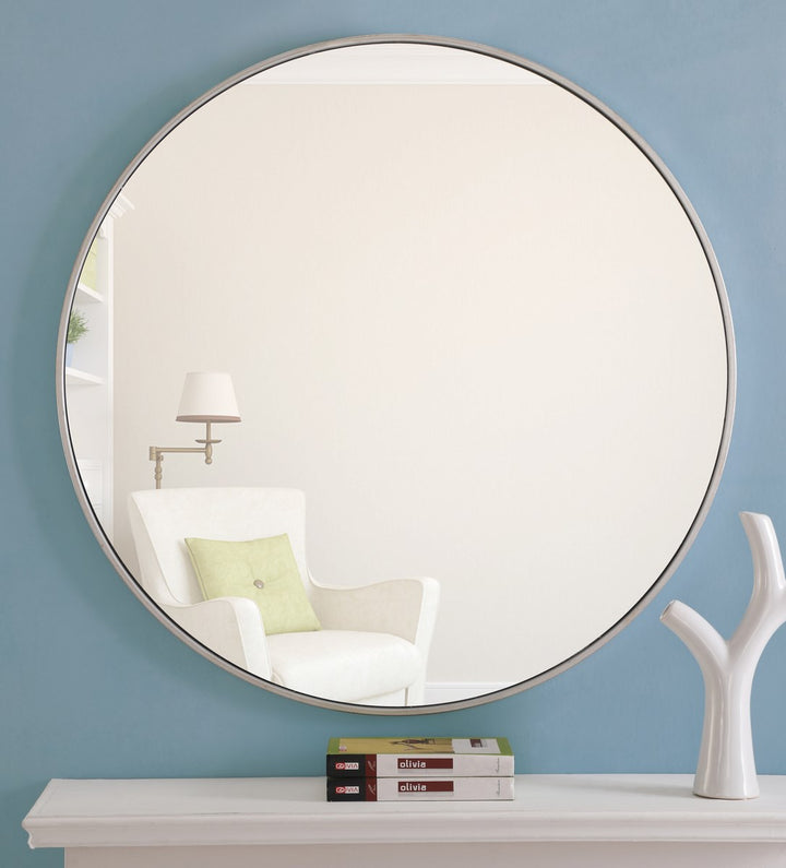 Metal Frame Round Mirror 36 Inch Silver Finish
