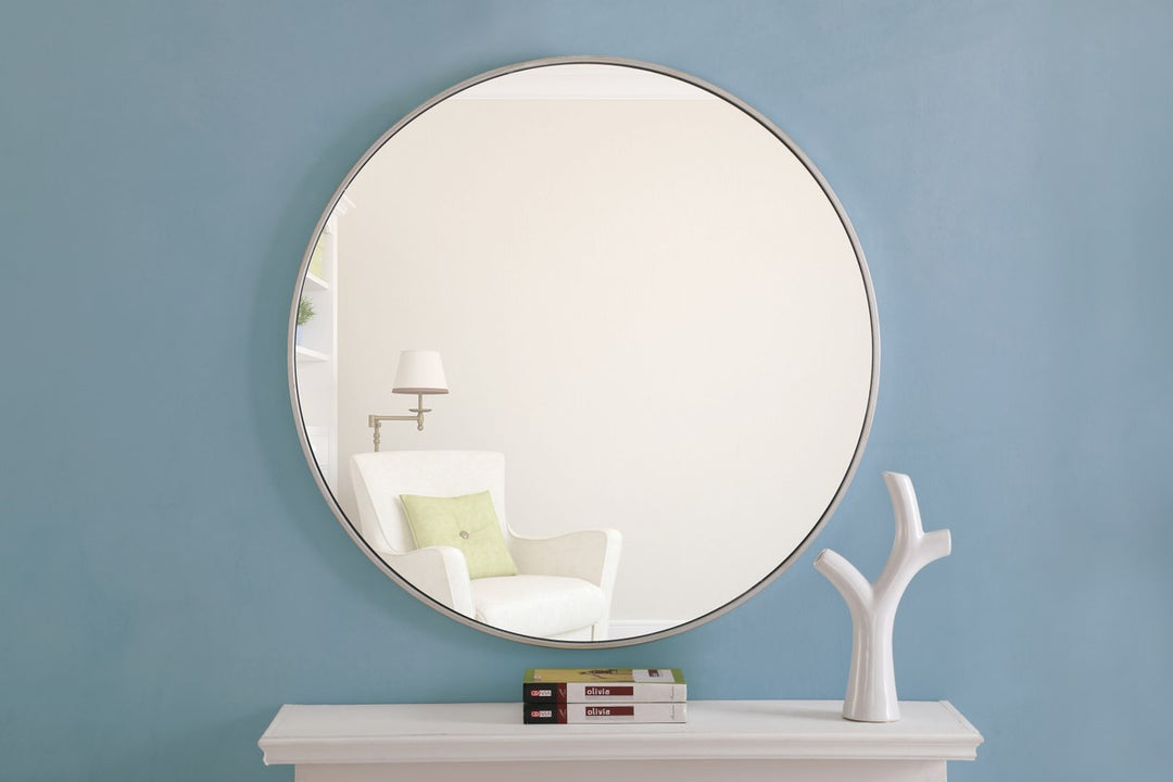Metal Frame Round Mirror 36 Inch Silver Finish