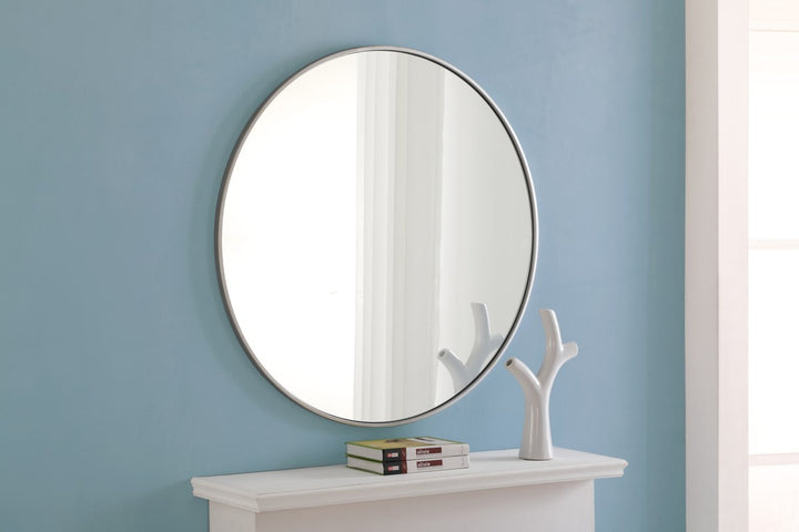 Metal Frame Round Mirror 36 Inch Silver Finish