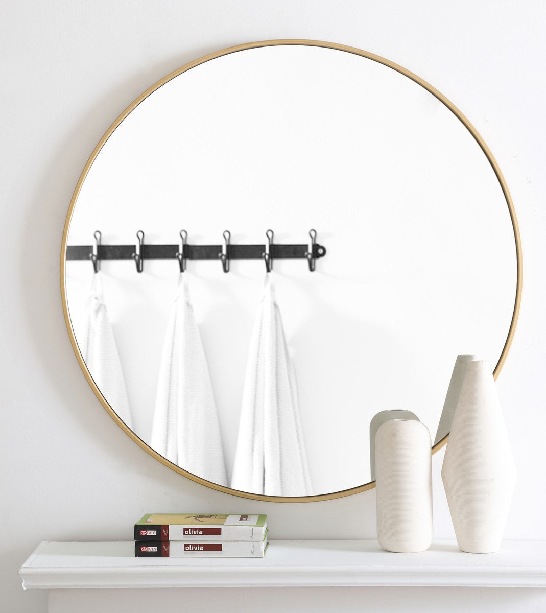 Metal Frame Round Mirror 36 Inch Brass Finish