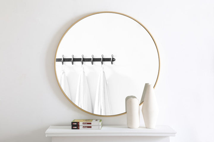 Metal Frame Round Mirror 36 Inch Brass Finish