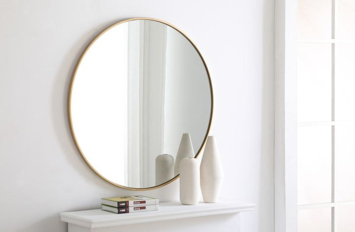 Metal Frame Round Mirror 36 Inch Brass Finish