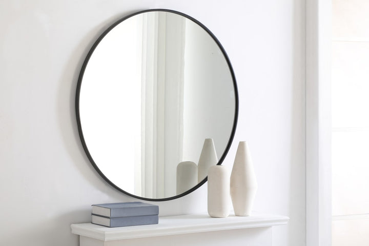 Metal Frame Round Mirror 36 Inch Black Finish