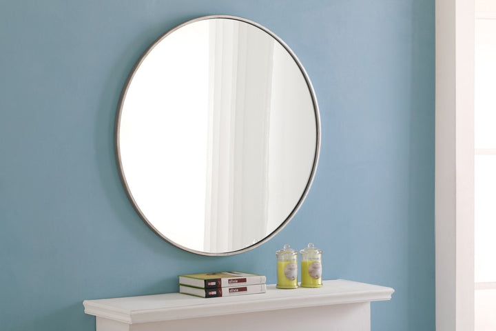 Metal Frame Round Mirror 32 Inch Silver Finish