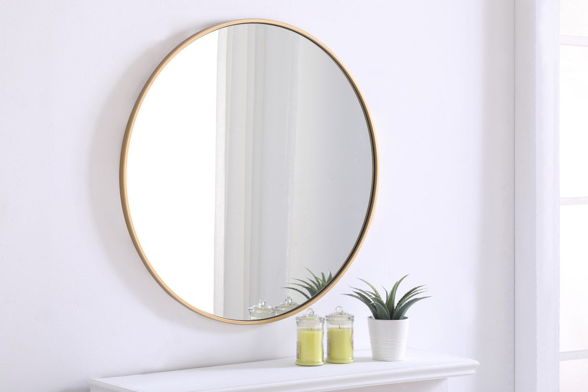 Metal Frame Round Mirror 32 Inch Brass Finish