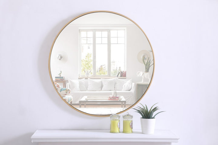 Metal Frame Round Mirror 32 Inch Brass Finish
