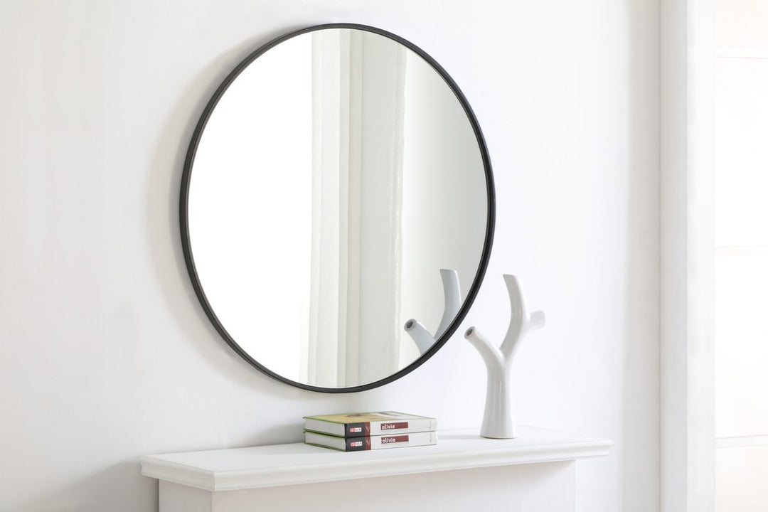Metal Frame Round Mirror 32 Inch Black Finish