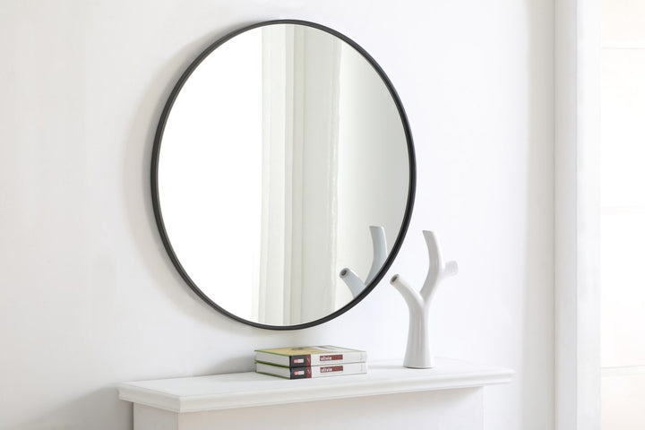 Metal Frame Round Mirror 32 Inch Black Finish