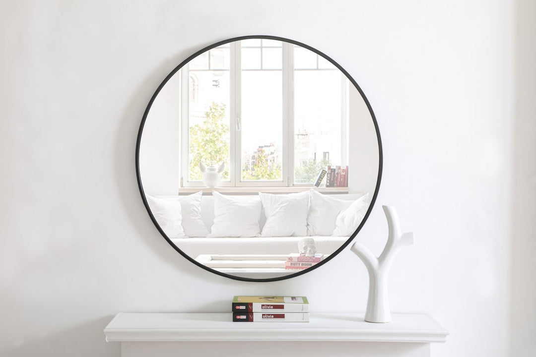 Metal Frame Round Mirror 32 Inch Black Finish