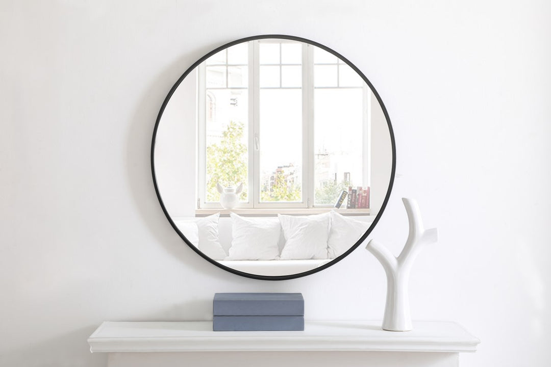 Metal Frame Round Mirror 28 Inch Black Finish