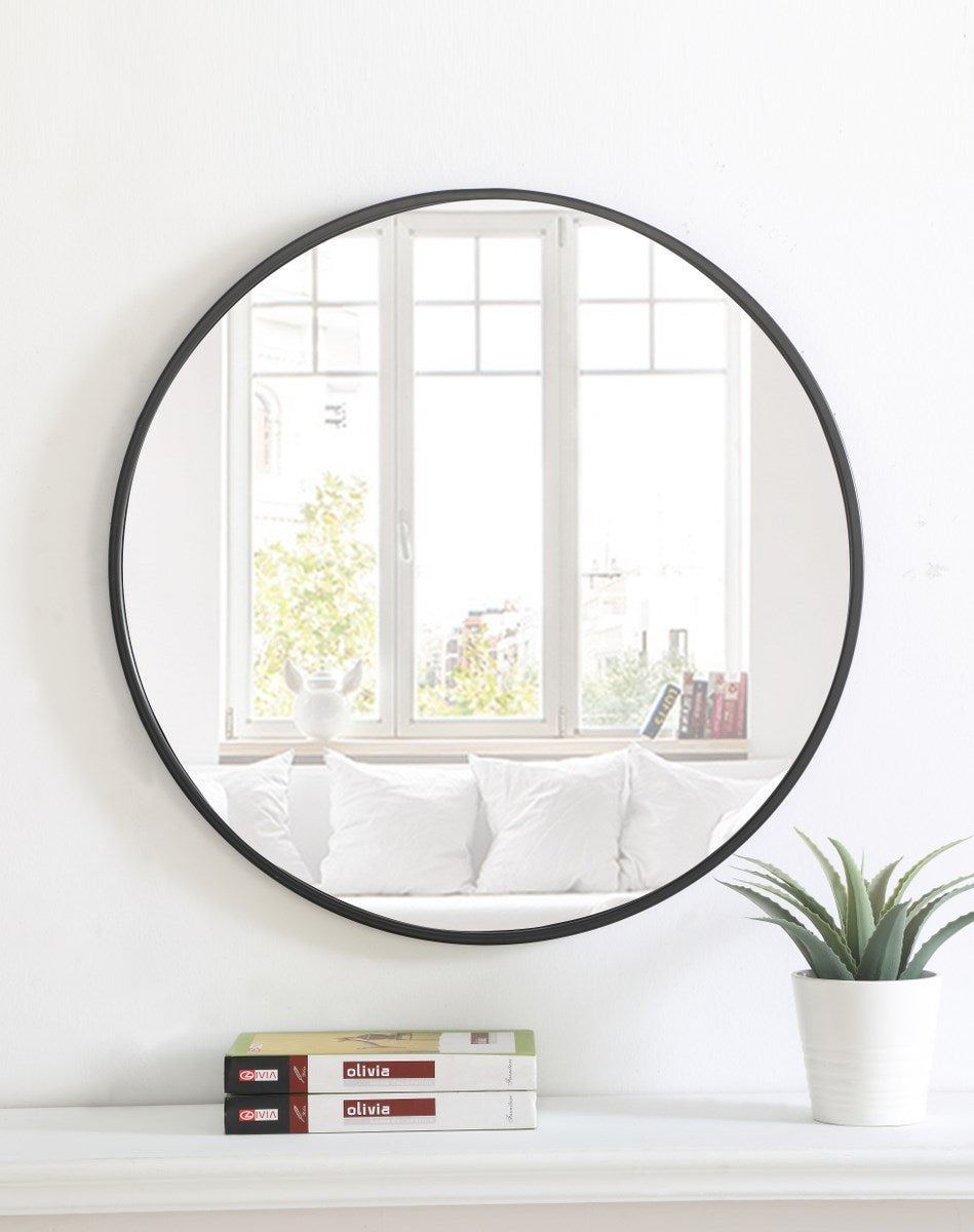 Metal Frame Round Mirror 24 Inch Black Finish
