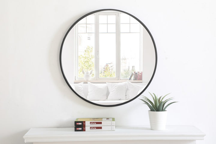 Metal Frame Round Mirror 24 Inch Black Finish