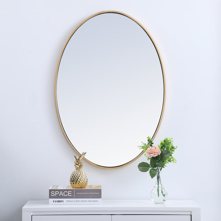 Metal Frame Oval Mirror 34 Inch In Brass