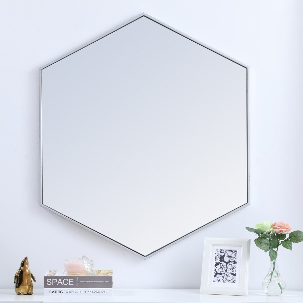 Metal Frame Hexagon Mirror 41 Inch In Silver
