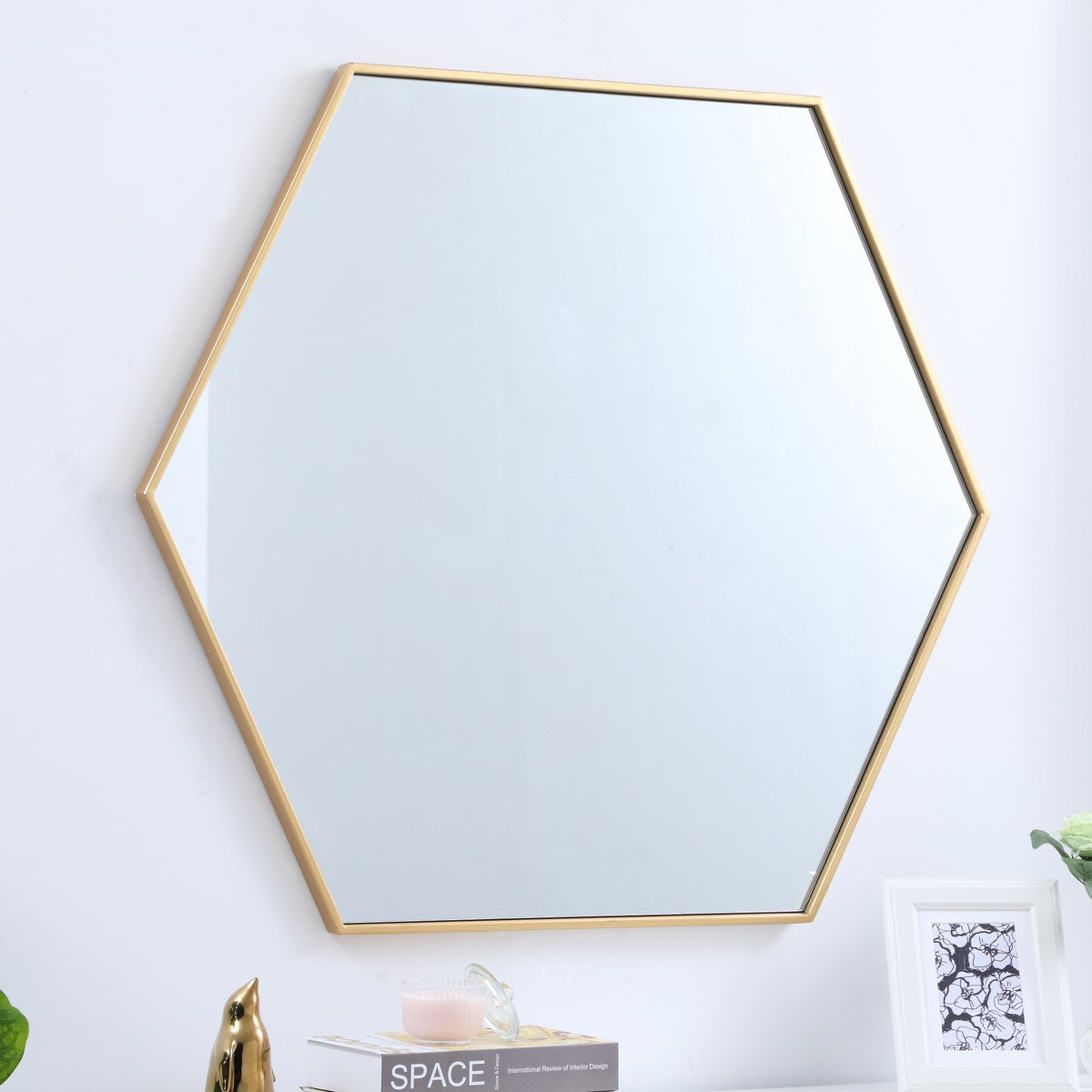 Metal Frame Hexagon Mirror 41 Inch In Brass