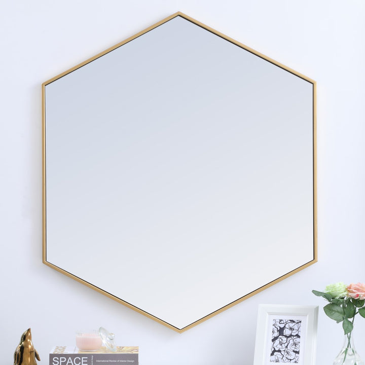 Metal Frame Hexagon Mirror 41 Inch In Brass