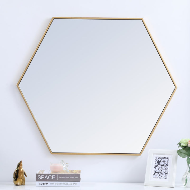 Metal Frame Hexagon Mirror 41 Inch In Brass