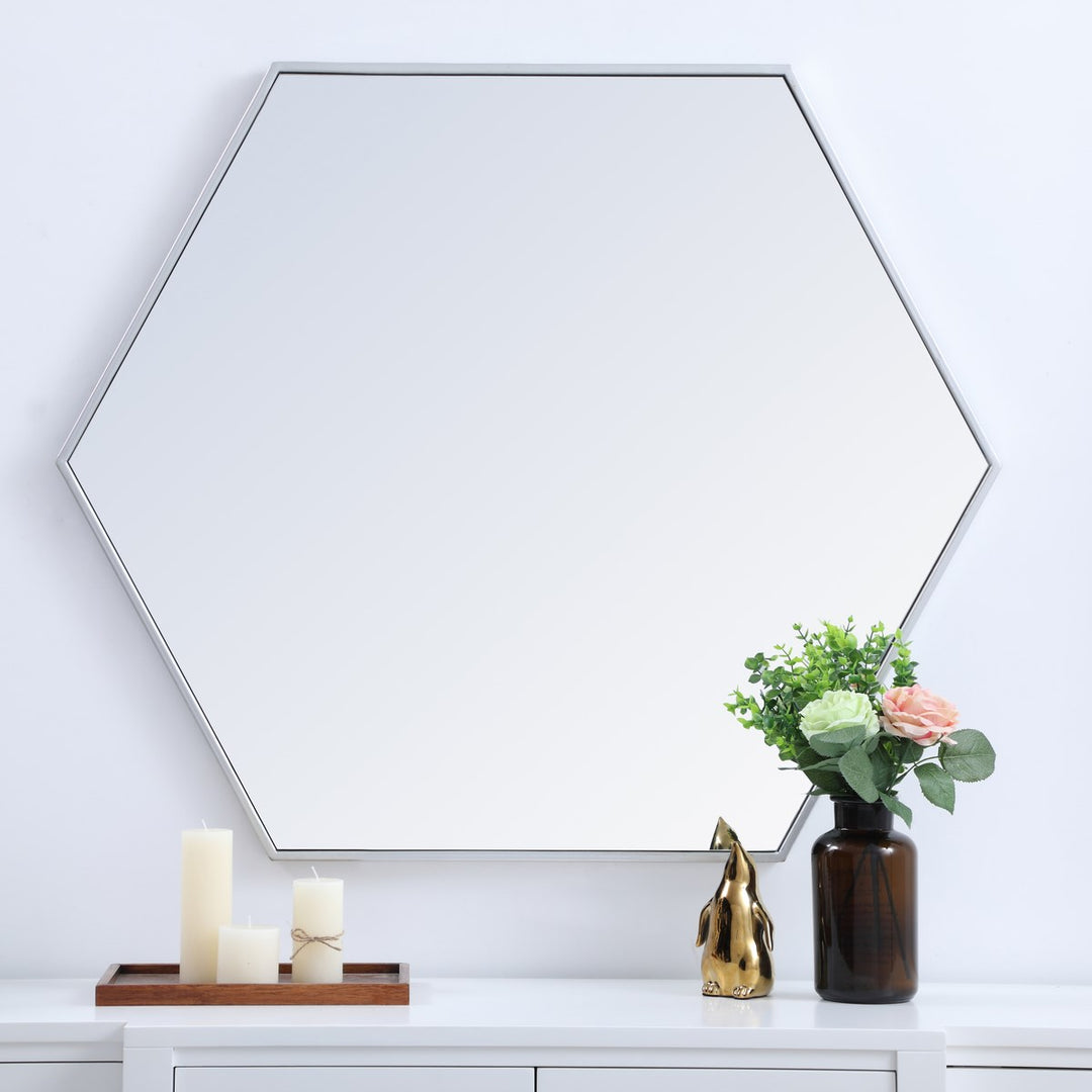 Metal Frame Hexagon Mirror 38 Inch In Silver