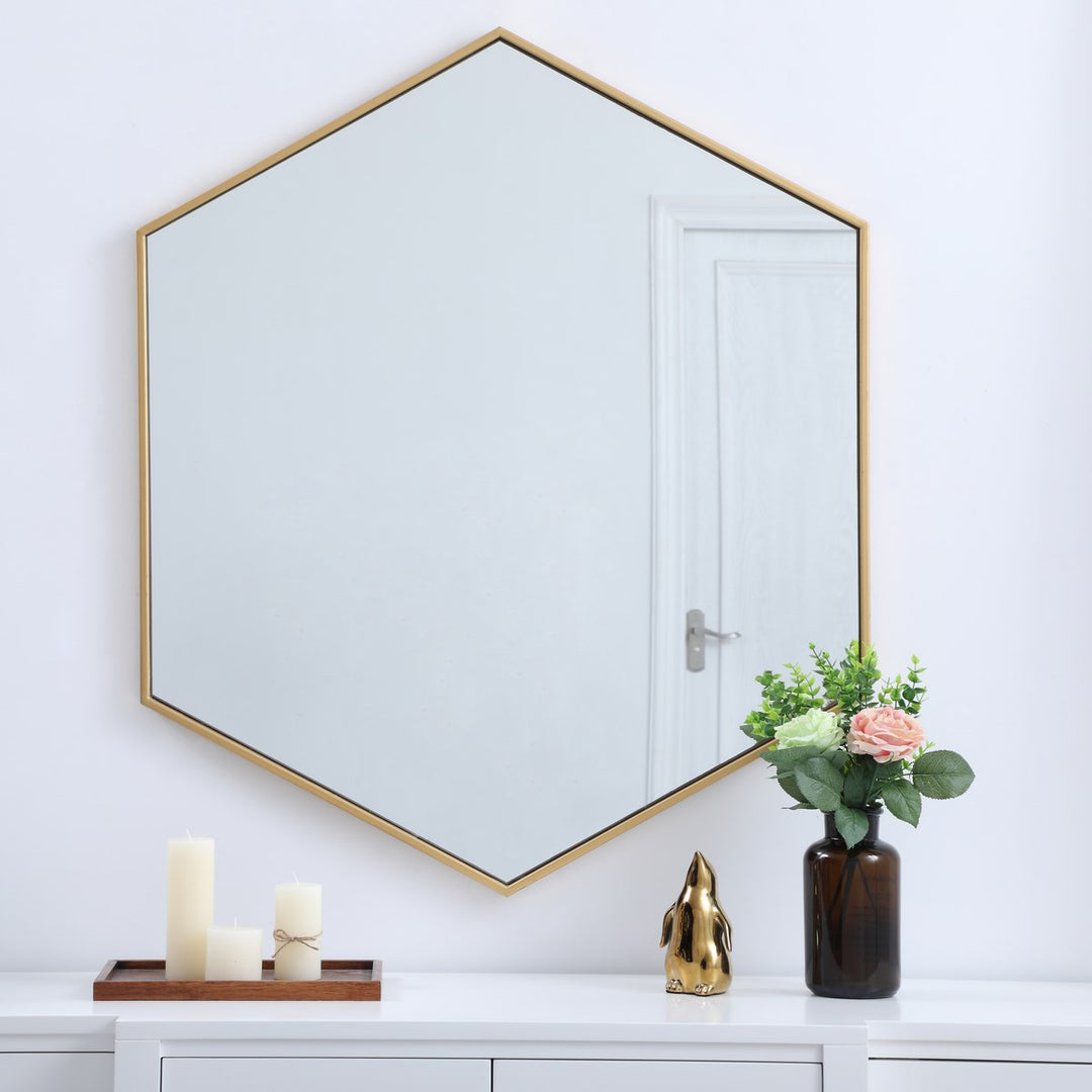 Metal Frame Hexagon Mirror 38 Inch In Brass