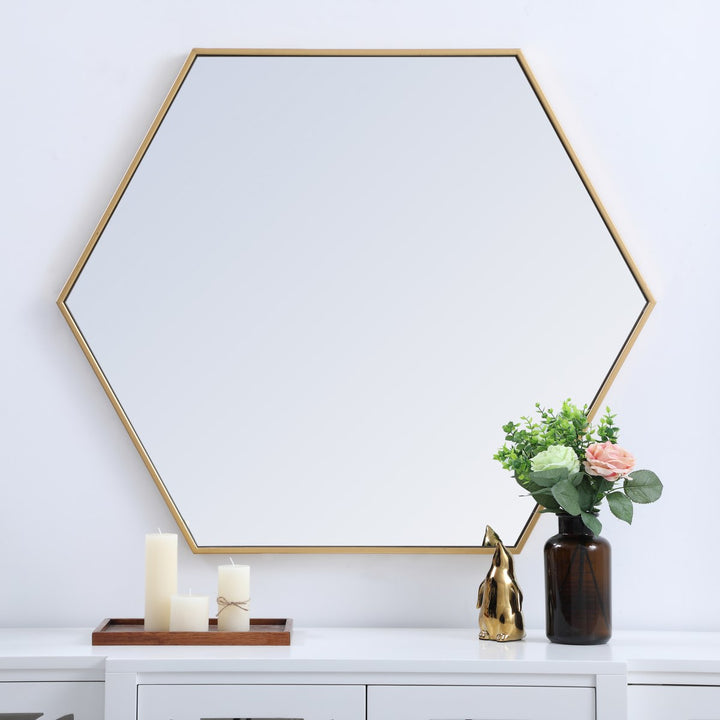 Metal Frame Hexagon Mirror 38 Inch In Brass