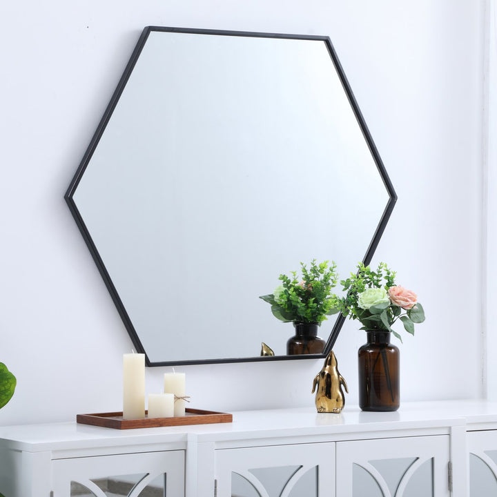 Metal Frame Hexagon Mirror 38 Inch In Black
