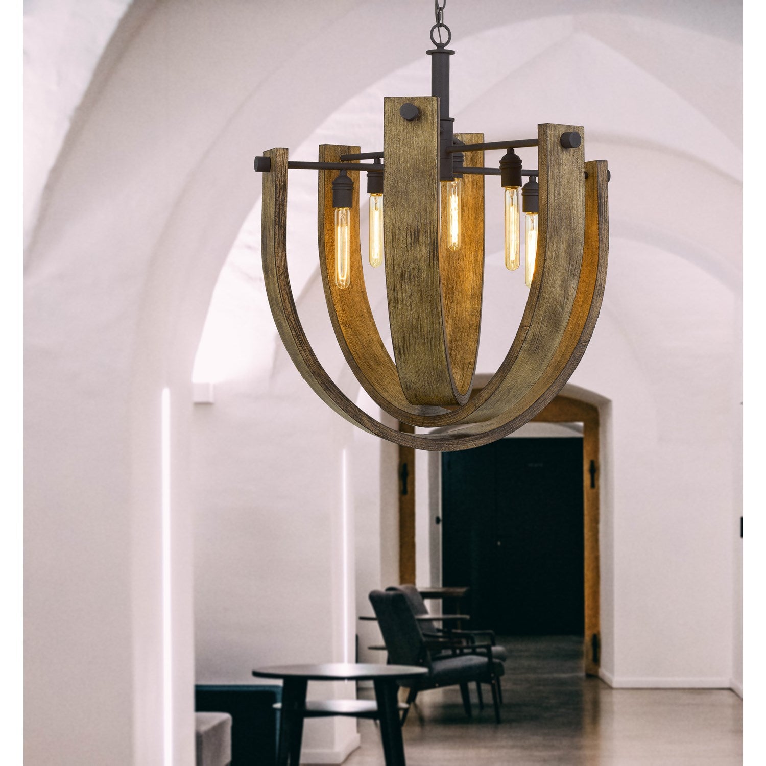 60W X 6  Metal/Wood Chandelier (Edison Bulbs Are Not Included)