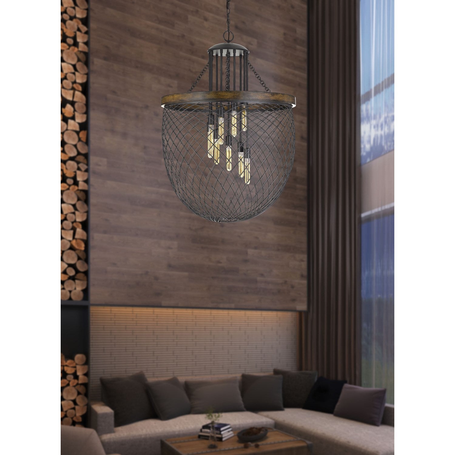 Metal/Wood Mesh Shade Chandelier (Edison Bulbs Not Included)