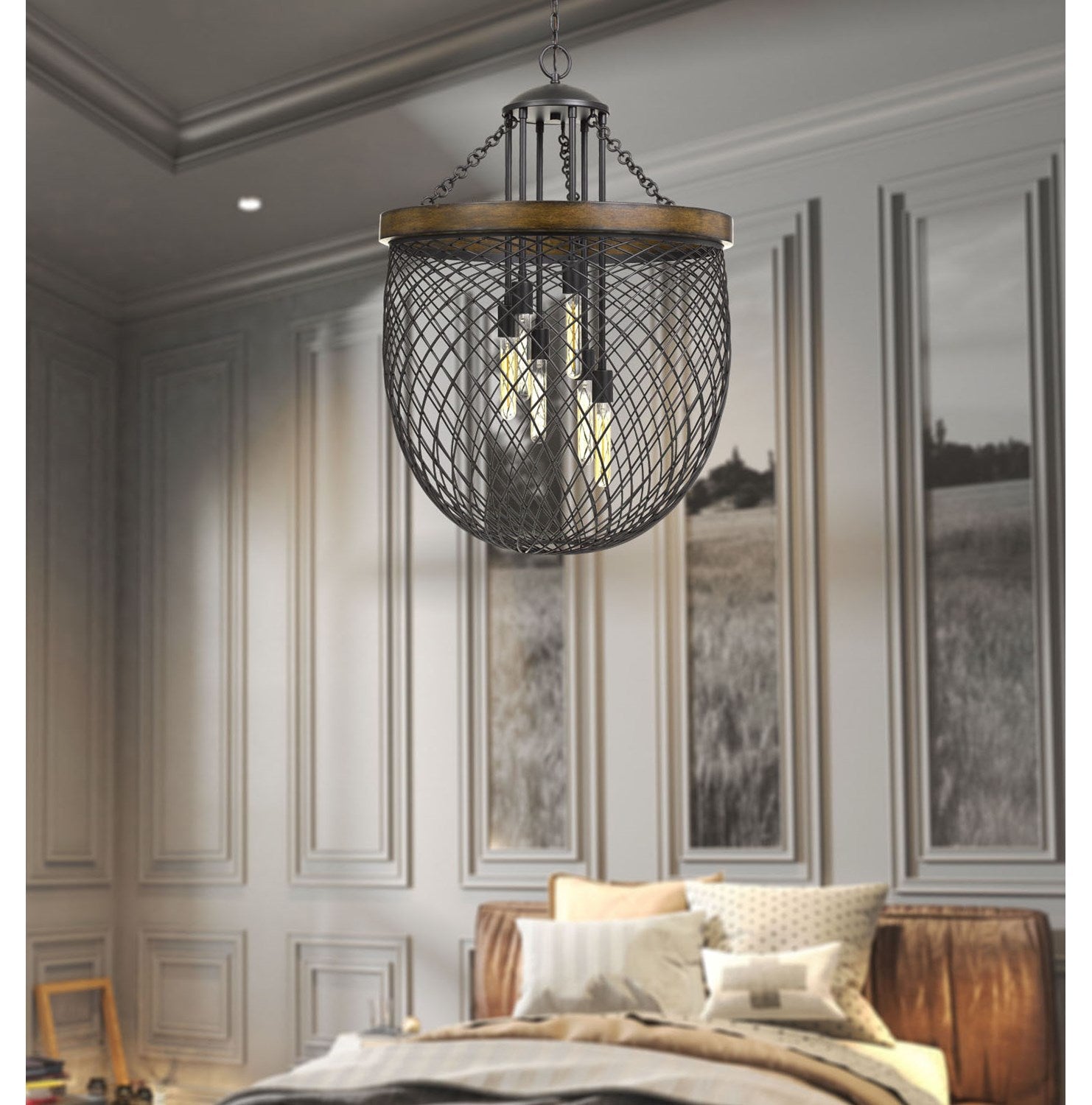 Metal/Wood Mesh Shade Chandelier (Edison Bulbs Not Included)
