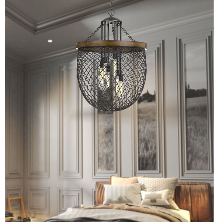 Metal/Wood Mesh Shade Chandelier (Edison Bulbs Not Included)
