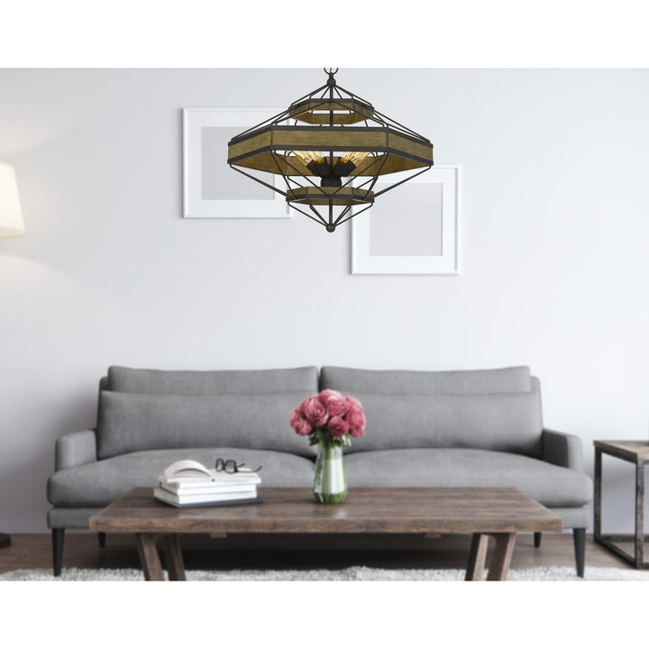 60W X 6 Pine Wood/Metal Chandelier  (Edison Bulbs Not Included)