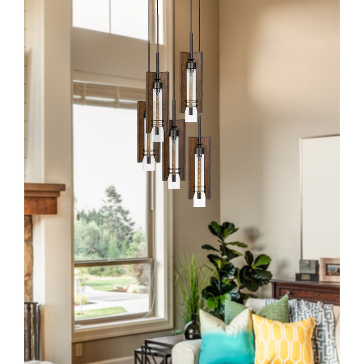 60W X 3  Wood/Glass 4 Light Pendant Fixture (Edison Bulbs Not Included)