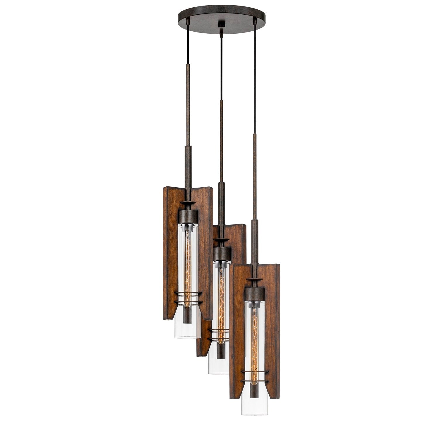 60W X 3  Wood/Glass 3 Light Pendant Fixture (Edison Bulbs Not Included) by CAL Lighting