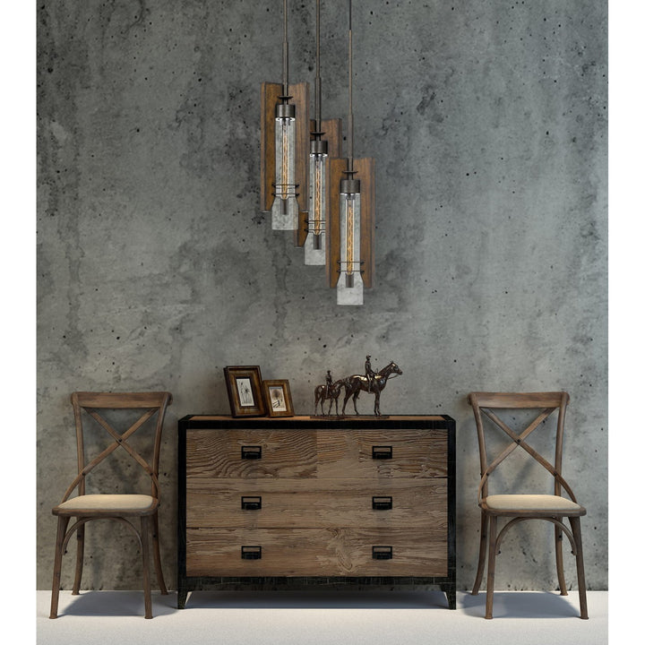 60W X 3  Wood/Glass 3 Light Pendant Fixture (Edison Bulbs Not Included)