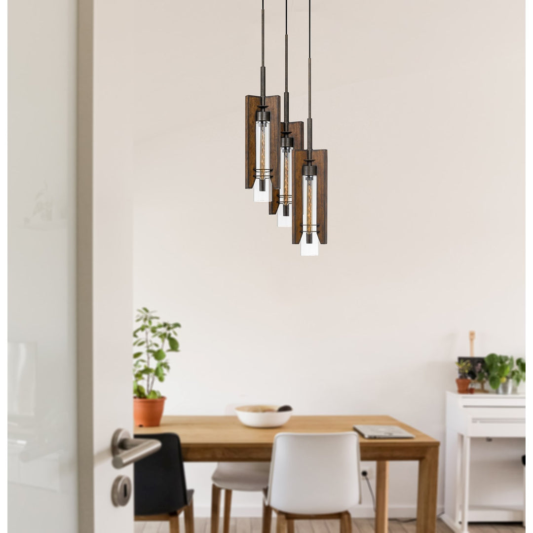 60W X 3  Wood/Glass 3 Light Pendant Fixture (Edison Bulbs Not Included)