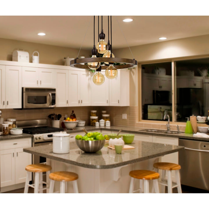 60W X 5  Metal/Wood Chandelier. (Edison Bulbs Included)