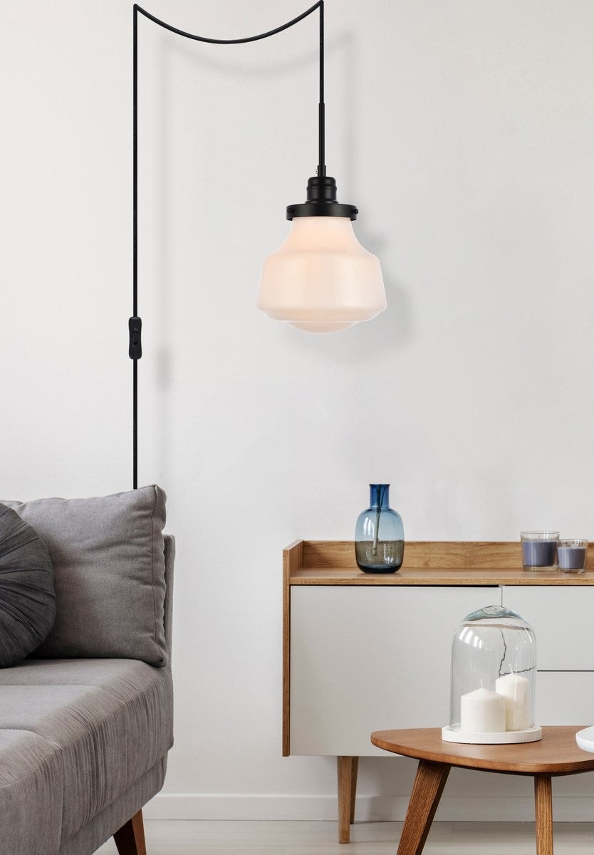 Lyle 1 Light Black And Frosted White Glass Plug In Pendant