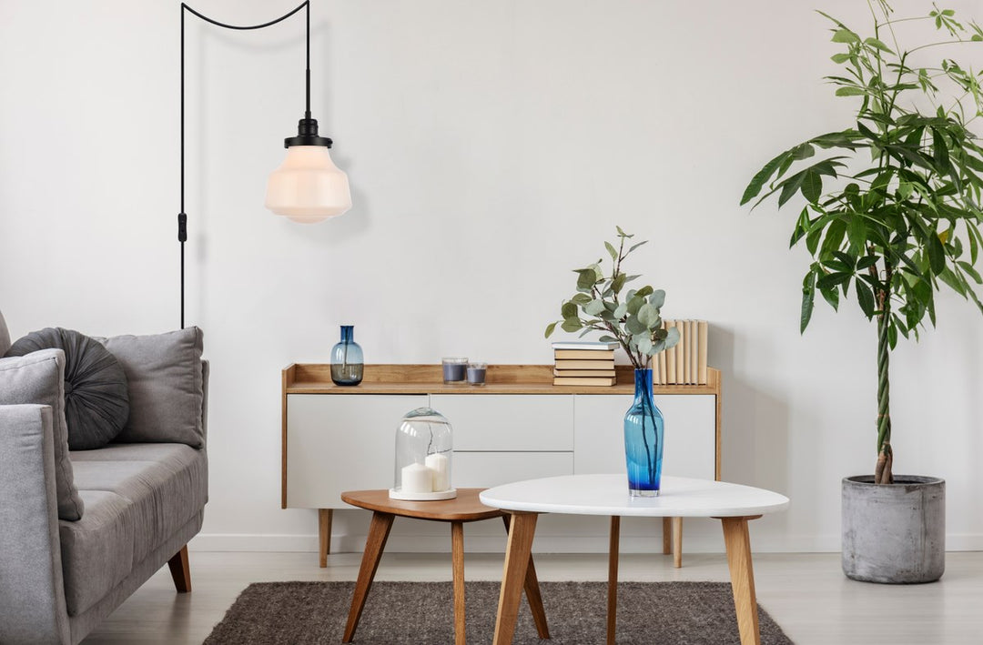 Lyle 1 Light Black And Frosted White Glass Plug In Pendant