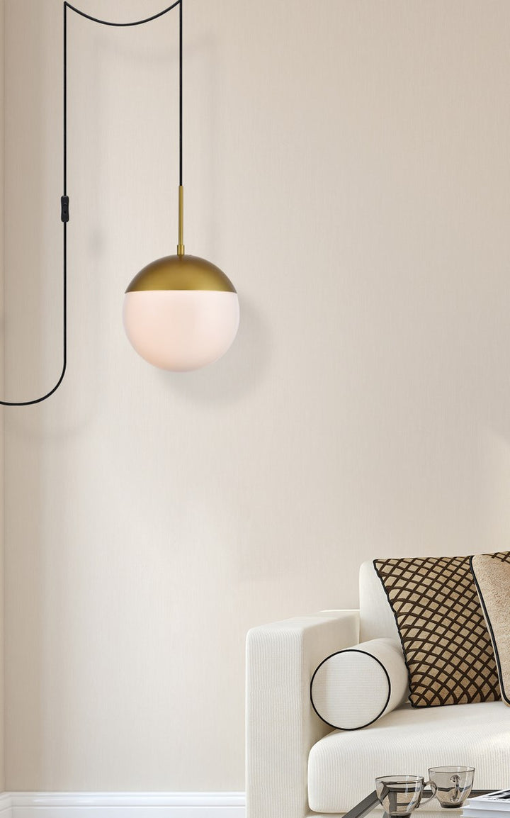 1 Light Brass Plug In Pendant With Frosted White Glass