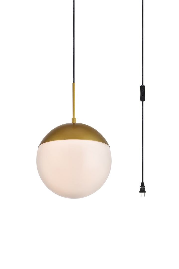 1 Light Brass Plug In Pendant With Frosted White Glass