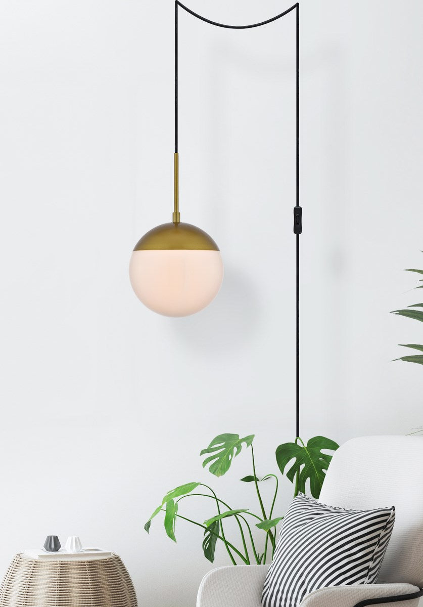 1 Light Brass Plug In Pendant With Frosted White Glass