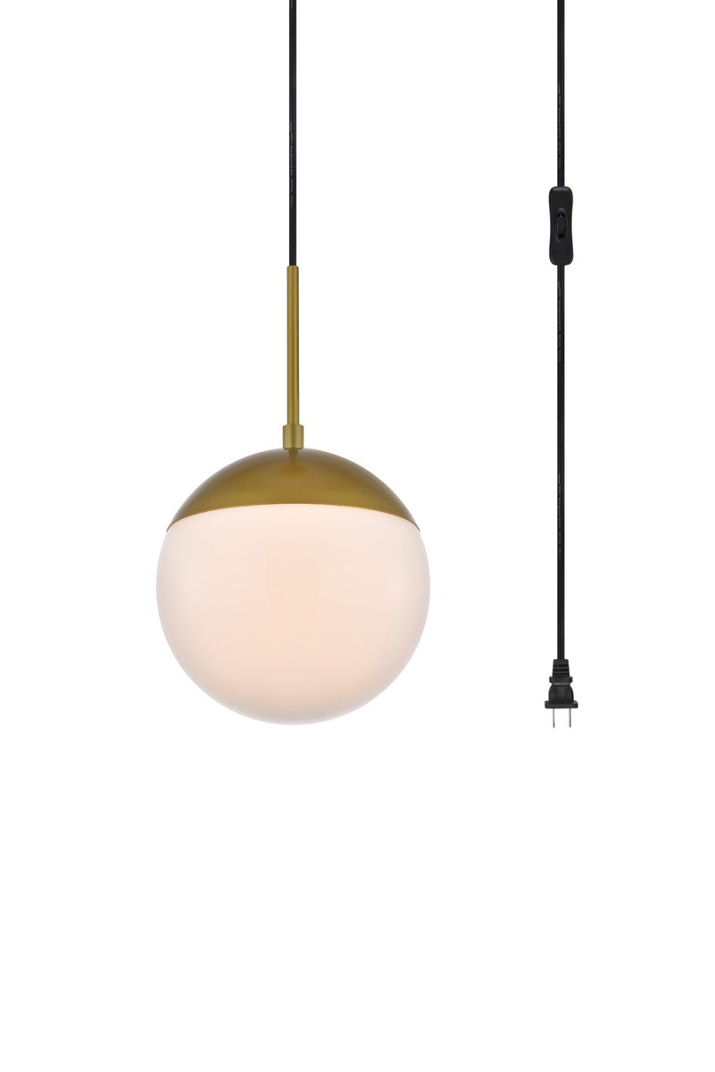 1 Light Brass Plug In Pendant With Frosted White Glass