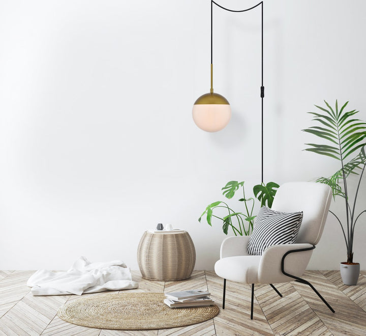 1 Light Brass Plug In Pendant With Frosted White Glass