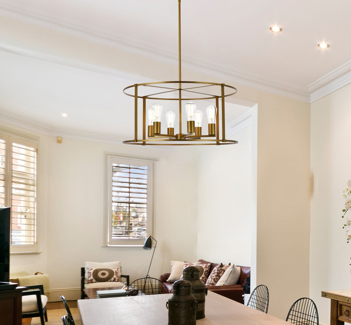 6 Lights Pendant In Brass